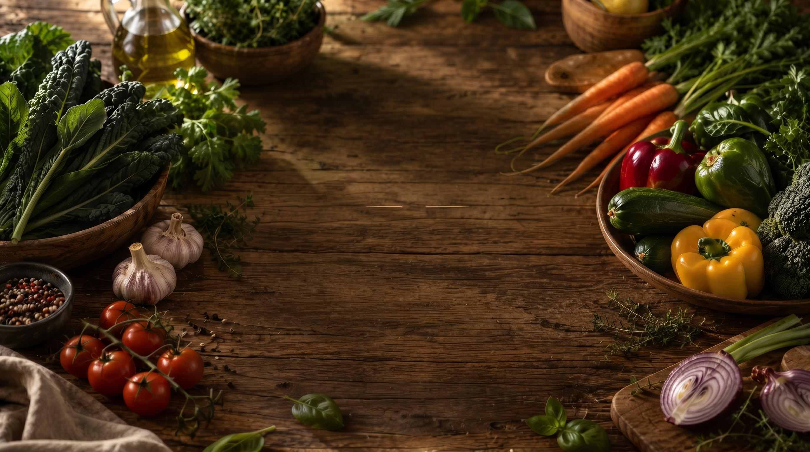 Fresh vegetables, herbs and whole foods arranged on a rustic wooden table in warm light