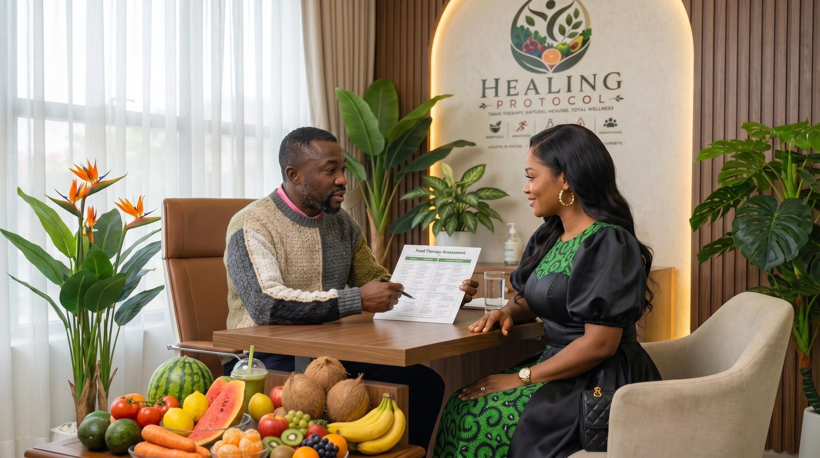 A Healing Protocol food therapy consultation in natural daylight, with fresh wholefoods on the table